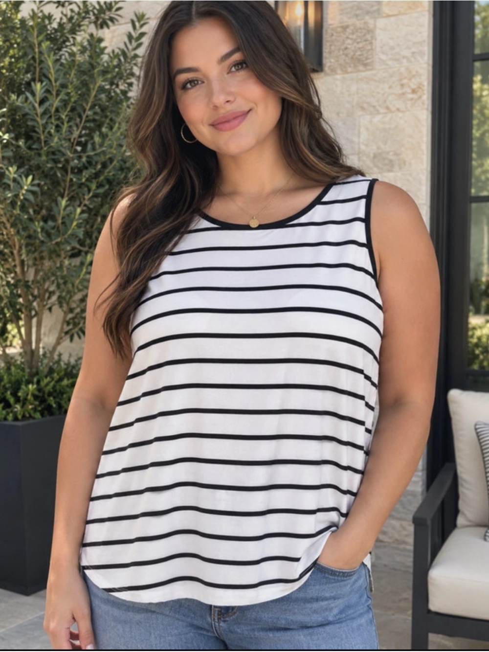 St. John Black and White Striped Sleeveless Tank